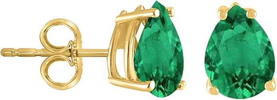 AoneJewelryPear Emerald Earrings for Women in 14k Yellow Gold (6x4 mm) Prong-Setting Gemstone Wedding Jewelry Collection