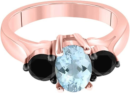 1.50 Carat Oval Shape Aquamarine And Black Diamond Ring in 10K Solid Rose Gold, Best Valentinesday Gift