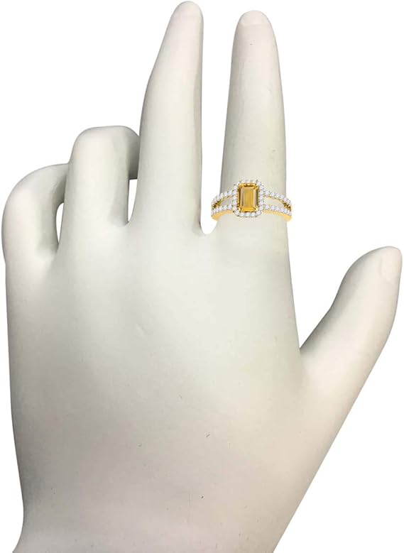 2 Carat Prong Set Ring With Emerald Cut Natural Citrine And Round Cut Diamonds in 10k Yellow Gold, Best Valentinesday Gift