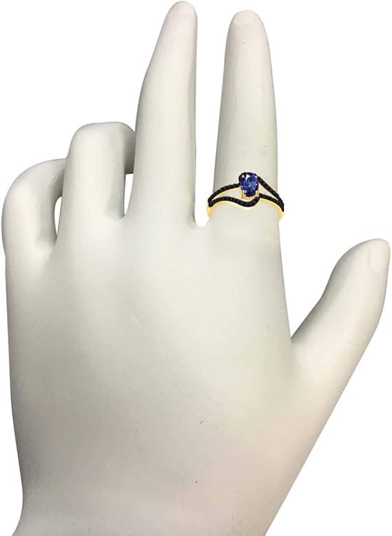 Aonejewelry 1.45 Ct. Created Sapphire Gemstone & Black Diamond Ring in 10k Rose, White & Yellow Gold, Best Valentinesday Gift