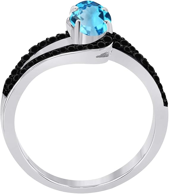 Aonejewelry 1.45 Ct. Blue-Topaz Gemstone & Black Diamond Ring Crafted In 10K Rose, White & Yellow Gold, Best Valentinesday Gift