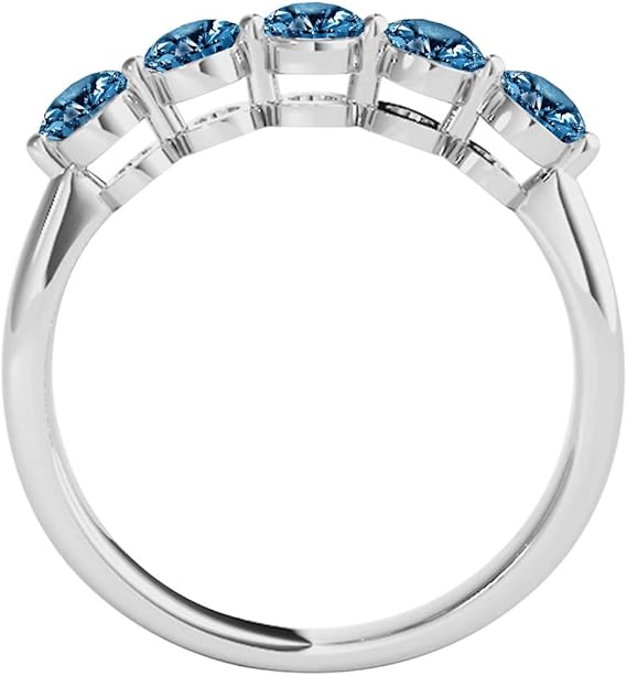 AoneJewelry 3/4 Ct. Blue Diamond Five Stone Wedding Band In solid 14K White Gold, Best Valentinesday Gift