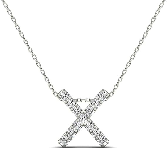 AoneJewelry 0.13 Carat Natural White Diamond Initial X Pendant Necklace For Women In 14K Yellow and White Gold with 18" Gold Cable Chain