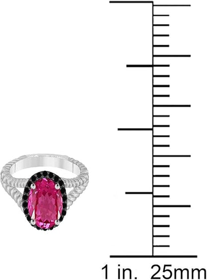 10K Rose, White & Yellow Gold Pink Topaz Black Diamond Ring, Best Valentinesday Gift