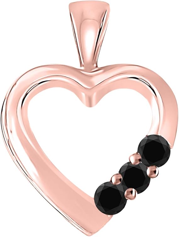 Heart-Shaped Black 0.20 Carat Diamond Three Stone Pendant in 10k Rose, White & Yellow Gold., Best Valentinesday Gift