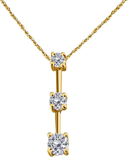 1.0 Carat Lab-Grown Round White Diamond Three-Stone Vertical Pendant Necklace For Women In 14K Rose, Yellow and White Gold with Gold Plated 925 Sterling Silver 18" Box Chain