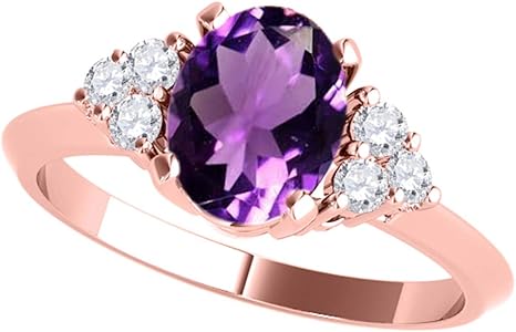 10K Rose Gold Oval Shape Amethyst & Diamond Gemstone Ring 1.55 Carat, Best Valentinesday Gift