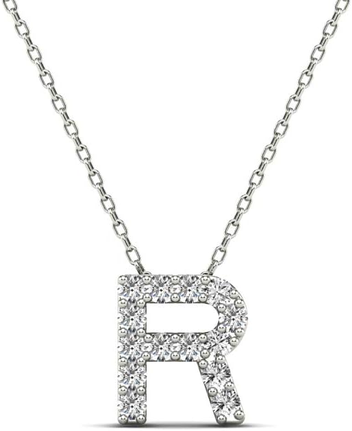 AoneJewelry 0.12 Carat Natural White Diamond Initial R Pendant Necklace For Women In 14K Yellow and White Gold with 18" Gold Cable Chain.