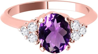 10K Rose Gold Oval Shape Amethyst & Diamond Gemstone Ring 1.55 Carat, Best Valentinesday Gift