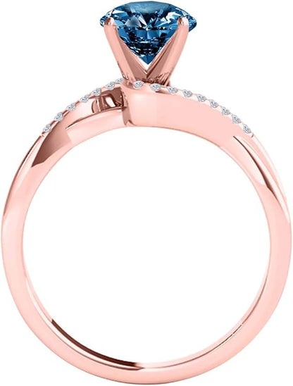 AoneJewelry Blue & White Diamond 1.10 Carat Solitaire Style Engagement Ring In 14K Rose Solid Gold, Best Valentinesday Gift