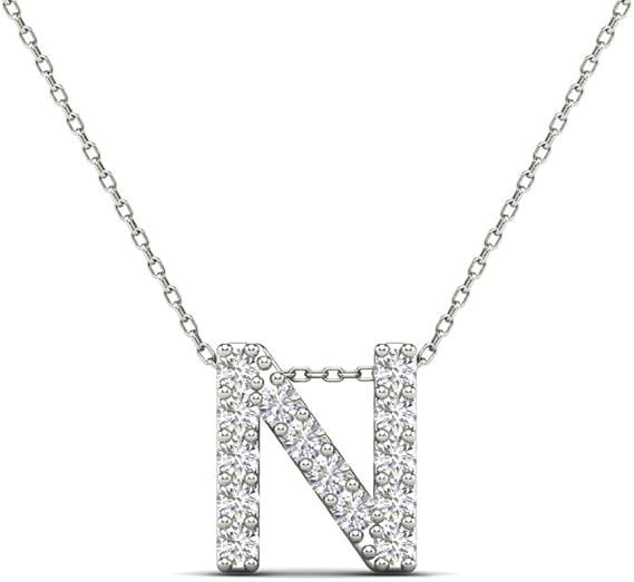 AoneJewelry 0.14 Carat Natural White Diamond Initial N Pendant Necklace For Women In 14K Yellow and White Gold with 18" Gold Cable Chain