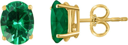 AoneJewelryOval Emerald Earrings for Women in 14k Yellow Gold (6x4 mm) Prong-Setting Gemstone Wedding Jewelry Collection