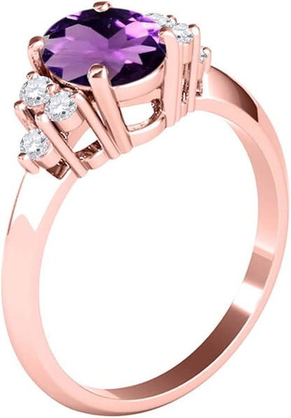 10K Rose Gold Oval Shape Amethyst & Diamond Gemstone Ring 1.55 Carat, Best Valentinesday Gift