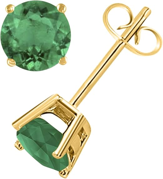 AoneJewelryRound Emerald Earrings for Women In 14k Yellow Gold Prong-Setting Gemstone Wedding Jewelry Collection