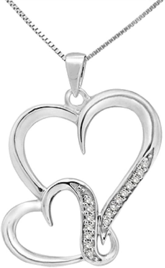 1/10Ct White Diamond Double Heart Pendant In Sterling Silver