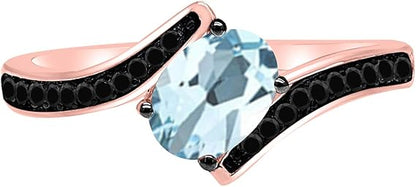 Aonejewelry Oval Shape Aquamarine And Black Diamond Ring In 14K White, Yellow Rose Gold, Best Valentinesday Gift