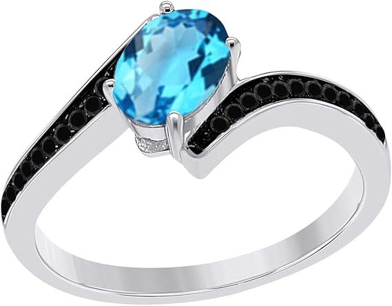 Aonejewelry 1.00 Carat 14K Yellow, White Rose Gold Blue-Topaz And Black Diamond Ring, Best Valentinesday Gift