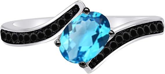 Aonejewelry 1.00 Carat 14K Yellow, White Rose Gold Blue-Topaz And Black Diamond Ring, Best Valentinesday Gift