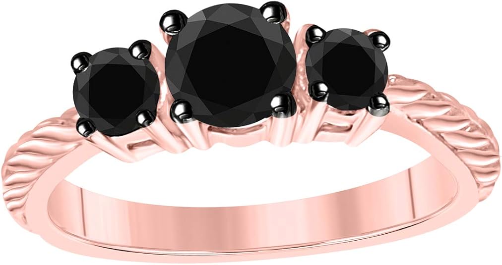 AoneJewelry 1.25 Carat (Color Black, Clarity I2-I3) Round Shape Black Diamond Three Stone Engagement Ring in 10K Solid Rose Gold Sold By Aone Jewelry, Best Valentinesday Gift