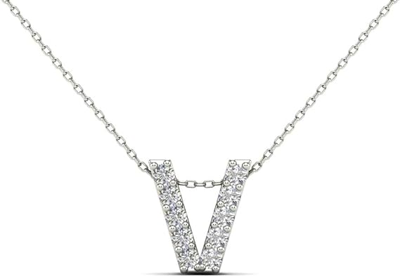 AoneJewelry 0.10 Carat Natural White Diamond Initial V Pendant Necklace For Women In 14K Yellow and White Gold with 18" Gold Cable Chain