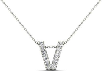 AoneJewelry 0.10 Carat Natural White Diamond Initial V Pendant Necklace For Women In 14K Yellow and White Gold with 18" Gold Cable Chain