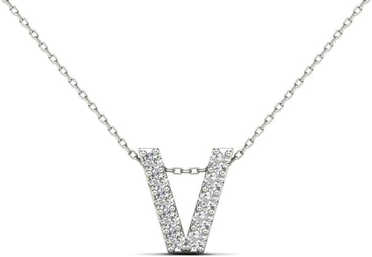 AoneJewelry 0.10 Carat Natural White Diamond Initial V Pendant Necklace For Women In 14K Yellow and White Gold with 18" Gold Cable Chain