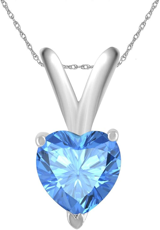 AoneJewelry 0.25Ct Heart Blue Topaz Pendant in 14k White Gold (4 mm), Best Valentinesday Gift