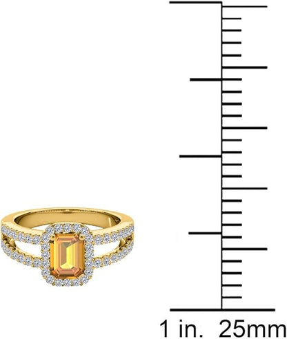 2 Carat Prong Set Ring With Emerald Cut Natural Citrine And Round Cut Diamonds in 10k Yellow Gold, Best Valentinesday Gift