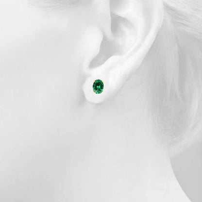 AoneJewelryOval Emerald Earrings for Women in 14k Yellow Gold (6x4 mm) Prong-Setting Gemstone Wedding Jewelry Collection