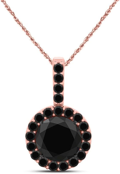 1.25 Carat Natural Round Shape Black Diamond In Center And Side Design Pendant Necklace For Woman Crafted In 10k Rose White And Yellow Gold With 18" Gold Plated Over 925 Sterling Silver Box Chain