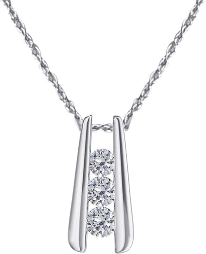 0.50 Carat Lab-Grown Diamond Three-Stone Channel-Set Pendant Necklace For Women In 10K Rose, Yellow and White Gold with Gold Plated 925 Sterling Silver 18" Box Chain