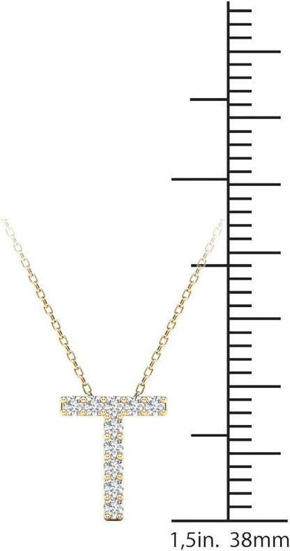 AoneJewelry 0.10 Carat Natural White Diamond Initial T Pendant Necklace For Women In 14K Yellow and White Gold with 18" Gold Cable Chain