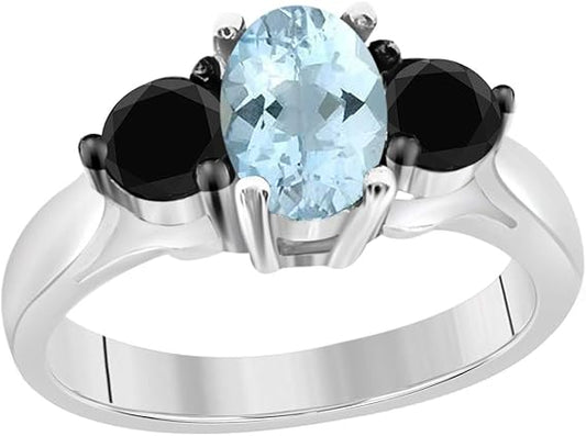 1.50 Carat Oval Shape Aquamarine And Black Diamond Ring In 10K Solid White Gold, Best Valentinesday Gift