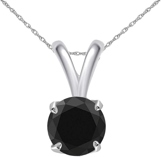 AoneJewelry 0.50 CT Round Black Diamond Solitaire Pendant In 10K White Gold With 18" Box Chain, Best Valentinesday Gift