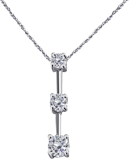 1.0 Carat Lab-Grown Round White Diamond Three-Stone Vertical Pendant Necklace For Women In 14K Rose, Yellow and White Gold with Gold Plated 925 Sterling Silver 18" Box Chain