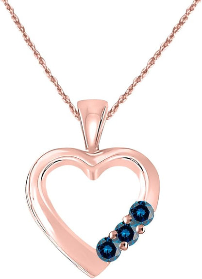 Heart-Shaped Blue 0.20 Carat Diamond Three stone Pendant in 10k Rose, White & Yellow Gold., Best Valentinesday Gift