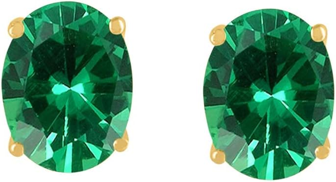 AoneJewelryOval Emerald Earrings for Women in 14k Yellow Gold (6x4 mm) Prong-Setting Gemstone Wedding Jewelry Collection