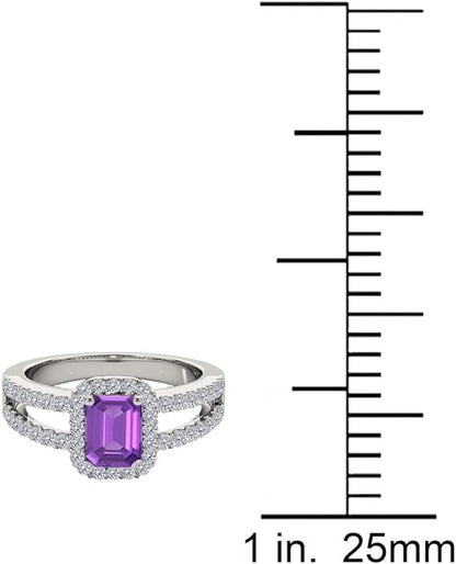 2.00 Carat Emerald Cut Natural Amethyst And Round White Diamond Spilt Shank Ring In 10K White Gold (Diamond Color I- J & Clarity I1-I2), Best Valentinesday Gift