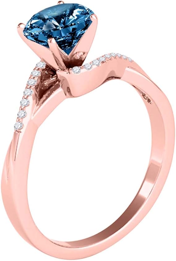 AoneJewelry Blue & White Diamond 1.10 Carat Solitaire Style Engagement Ring In 14K Rose Solid Gold, Best Valentinesday Gift