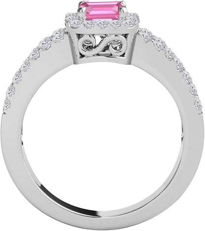 10 Rose, White, Yellow Gold Ring With 2 Carat Emerald Cut Natural Pink Topaz And White Diamonds (I-J, I1-I2), Best Valentinesday Gift