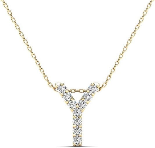 AoneJewelry 0.10 Carat Natural White Diamond Initial Y Pendant Necklace For Women In 14K Yellow and White Gold with 18" Gold Cable Chain