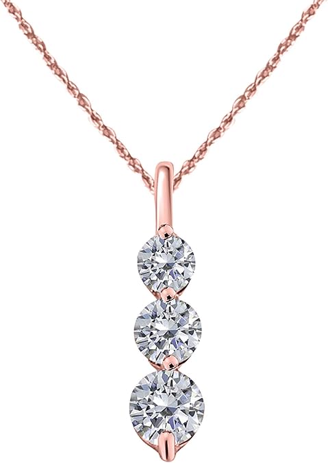 1.0 Carat Lab-Grown Diamond Three-Stone Drop Pendant Necklace For Women In 14K Rose, Yellow and White Gold with Gold Plated 925 Sterling Silver 18" Box Chain