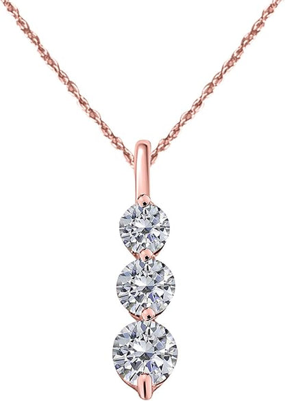 1.0 Carat Lab-Grown Diamond Three-Stone Drop Pendant Necklace For Women In 14K Rose, Yellow and White Gold with Gold Plated 925 Sterling Silver 18" Box Chain