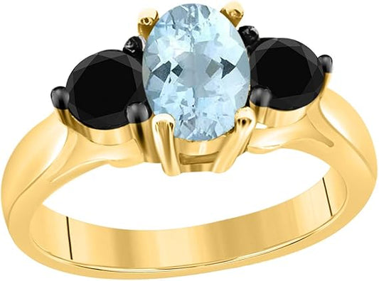 10K Solid Yellow Gold Ring With 1.50 Carat Oval Shape Aquamarine And Black Diamonds, Best Valentinesday Gift