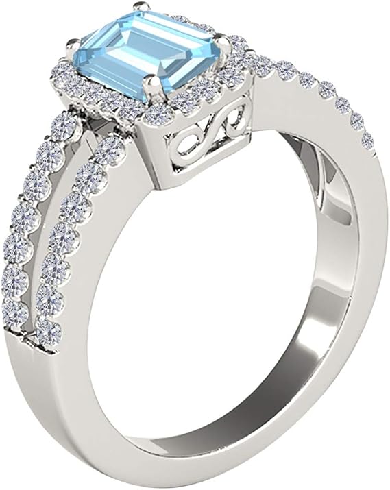 2 Cttw Emerald Cut Natural Aquamarine And Diamond Ring In 10K Solid White Gold (I-J, I1-I2) Gemstone Emerald Cut Natural Diamond Aquamarine, Best Valentinesday Gift