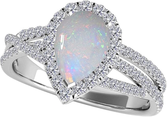 2.00 Carat Pear Shape Opal & Diamond Gemstone Ring In 10K White Solid Gold, Best Valentinesday Gift