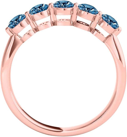 AoneJewelry 3/4 Ct. Blue Diamond Five Stone Wedding Band In solid 14K Rose Gold, Best Valentinesday Gift