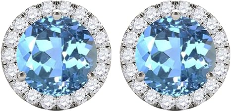 Gemstone Diamond Studs Earrings For Women 1.95 Carat 6MM Natural Round Blue-Topaz With Natural Round Diamond Studs Push Back Earrings For Ladies In 10K Solid Rose White Yellow Gold Best Jewelry Gift For Her By Aone Jewelry