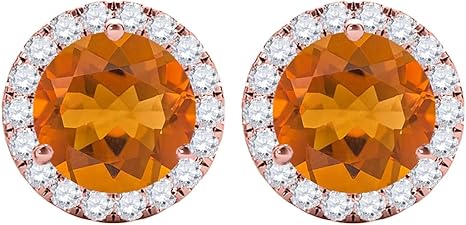 Gemstone Diamond Studs Earrings For Women 1.95 Carat 6MM Natural Round Citrine With Natural Round Diamond Studs Push Back Earrings For Ladies In 10K Solid Rose White Yellow Gold Best Jewelry Gift For Her By Aone Jewelry