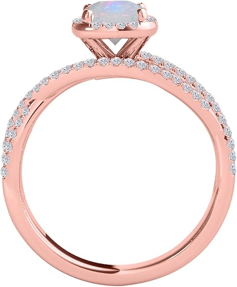 1.35 Carat Cushion Shape Opal & White Diamond Split Shank Ring In 14K Solid Rose Gold, Best Valentinesday Gift